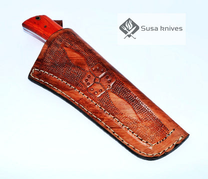 HAND FORGED DAMASCUS STEEL BULL CUTTER/COWBOY KNIFE & PUKKA WOOD HANDLE - SUSA KNIVES