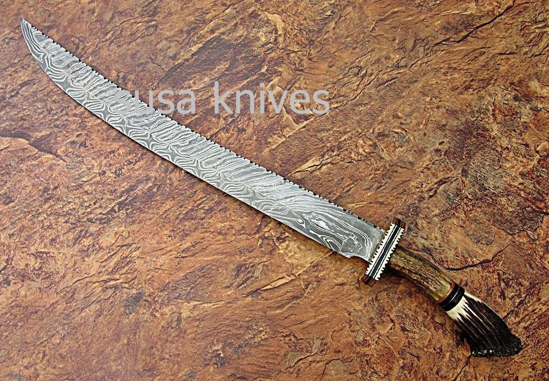 CUSTOM HAND MADE DAMASCUS STEEL HUNTING SWORD KNIFE - SUSA KNIVES