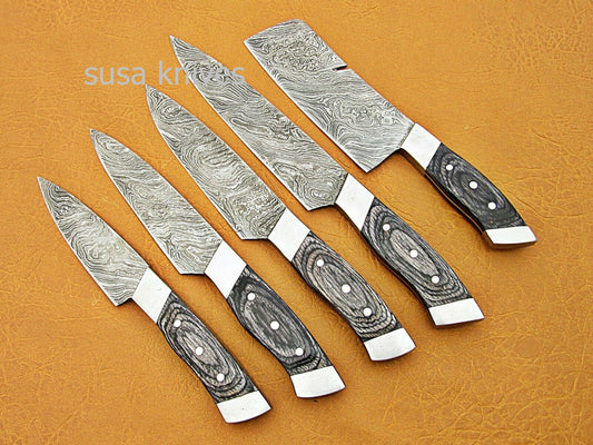 CUSTOM HANDMADE DAMASCUS STEEL CHEF SET/KITCHEN KNIVES 5 PCSC BLACK MICARTA - SUSA KNIVES