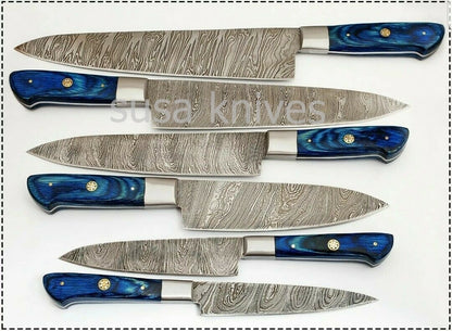 CUSTOM HAND MADE DAMASCUS BLADE 6Pc's KITCHEN/CHEF KNIFE - SUSA KNIVES