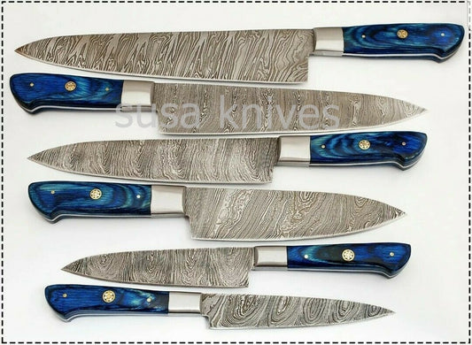 CUSTOM HAND MADE DAMASCUS BLADE 6Pc's KITCHEN/CHEF KNIFE - SUSA KNIVES