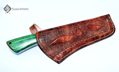 HAND FORGED DAMASCUS STEEL BULL CUTTER/COWBOY KNIFE & PUKKA WOOD HANDLE - SUSA KNIVES