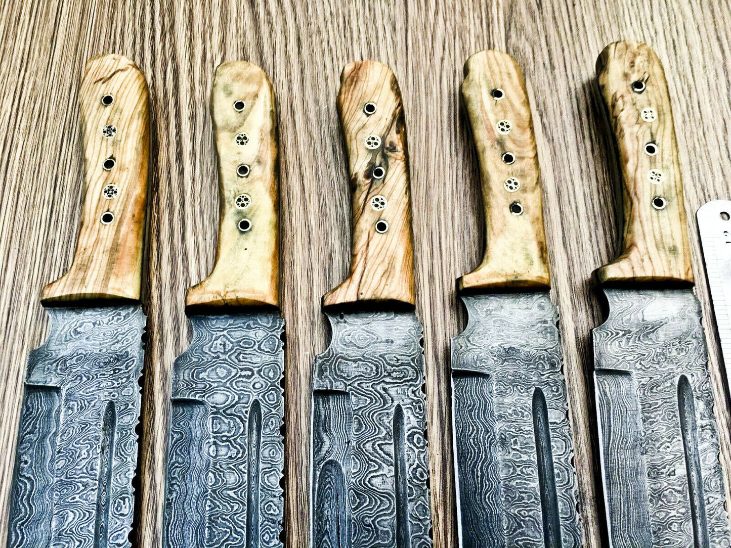 Lot of 5 Handmade Damascus Steel Bowie Knives & Sheaths | Olive Wood Handle - SUSA KNIVES