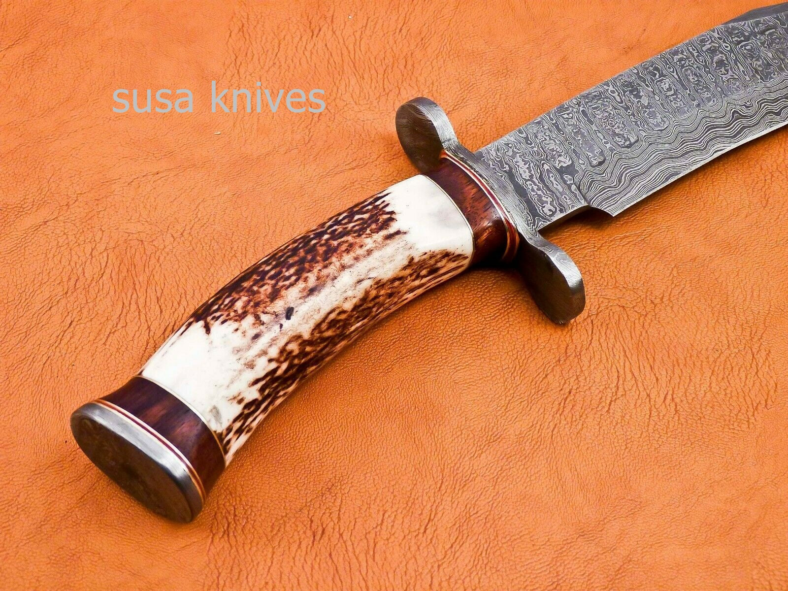 Handmade Damascus Steel Bowie Knive - Stag & Rose Wood Handle - SUSA KNIVES