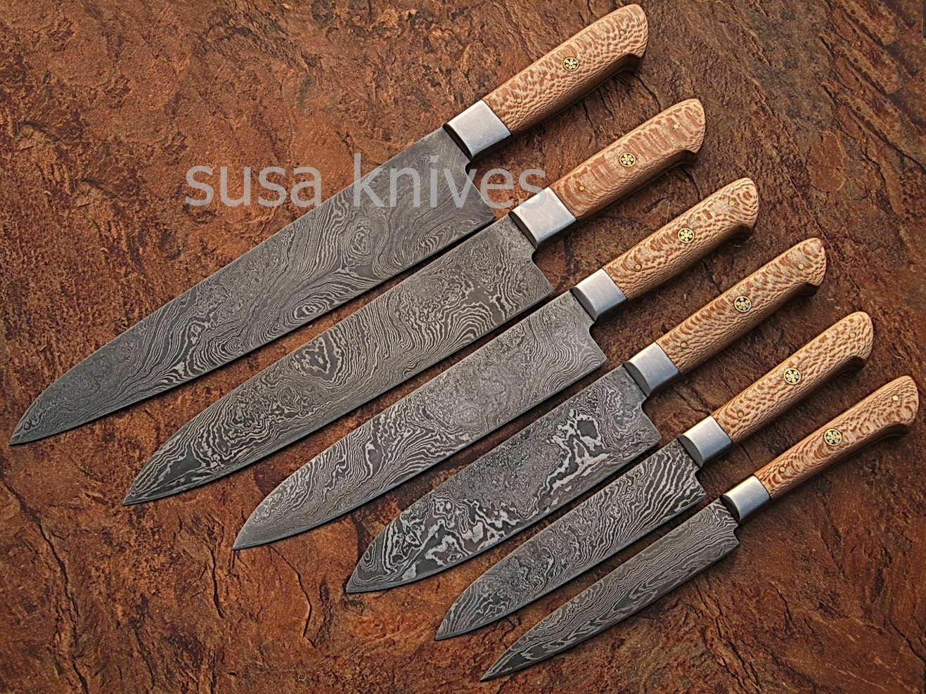 USTOM MADE DAMASCUS BLADE 6Pcs. CHEF/KITCHEN KNIVES SET - SUSA KNIVES