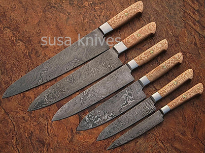 USTOM MADE DAMASCUS BLADE 6Pcs. CHEF/KITCHEN KNIVES SET - SUSA KNIVES