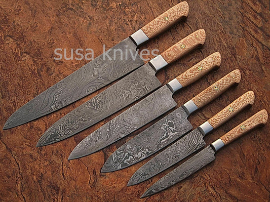 USTOM MADE DAMASCUS BLADE 6Pcs. CHEF/KITCHEN KNIVES SET - SUSA KNIVES