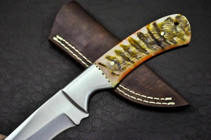 HANDMADE CUSTOM HUNTING /skinner kNIFE D2 CARBON STEEL HORN HANDLE WITH LEATHER SHEATH - SUSA KNIVES