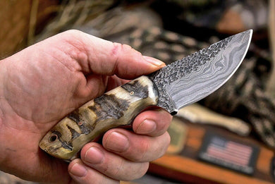 Handmade Twist Damascus Custom Sheep Horn Small Skinning Hunting Knife - SUSA KNIVES