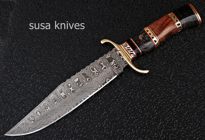DAMASCUS STEEL BLADE HUNTING BOWIE KNIFE,WOOD HANDLE .,OVERALL 13.5"INCH - SUSA KNIVES