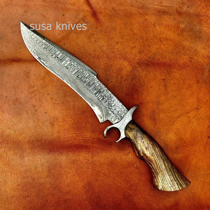 Overall 16" Damascus Steel Hunting Knife Bowie Knife Classic Wood Handle. - SUSA KNIVES
