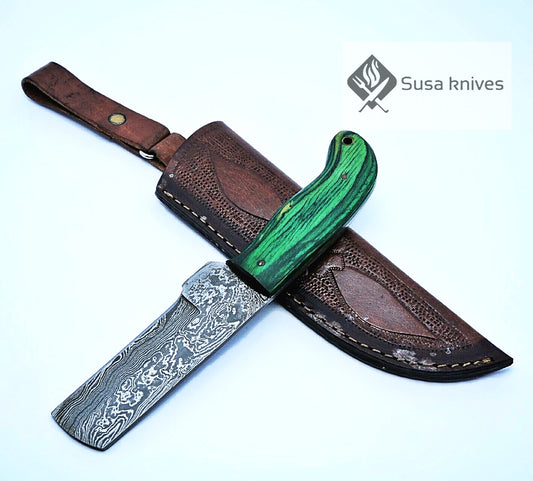 HAND FORGED DAMASCUS STEEL BULL CUTTER/COWBOY KNIFE & PUKKA WOOD HANDLE - SUSA KNIVES