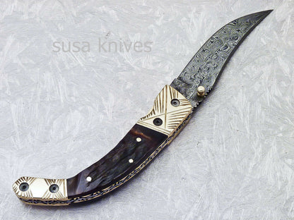SUPERB CUSTOM HANDMADE DAMASCUS STEEL POCKET FOLDING KNIFE LINER LOCK - SUSA KNIVES