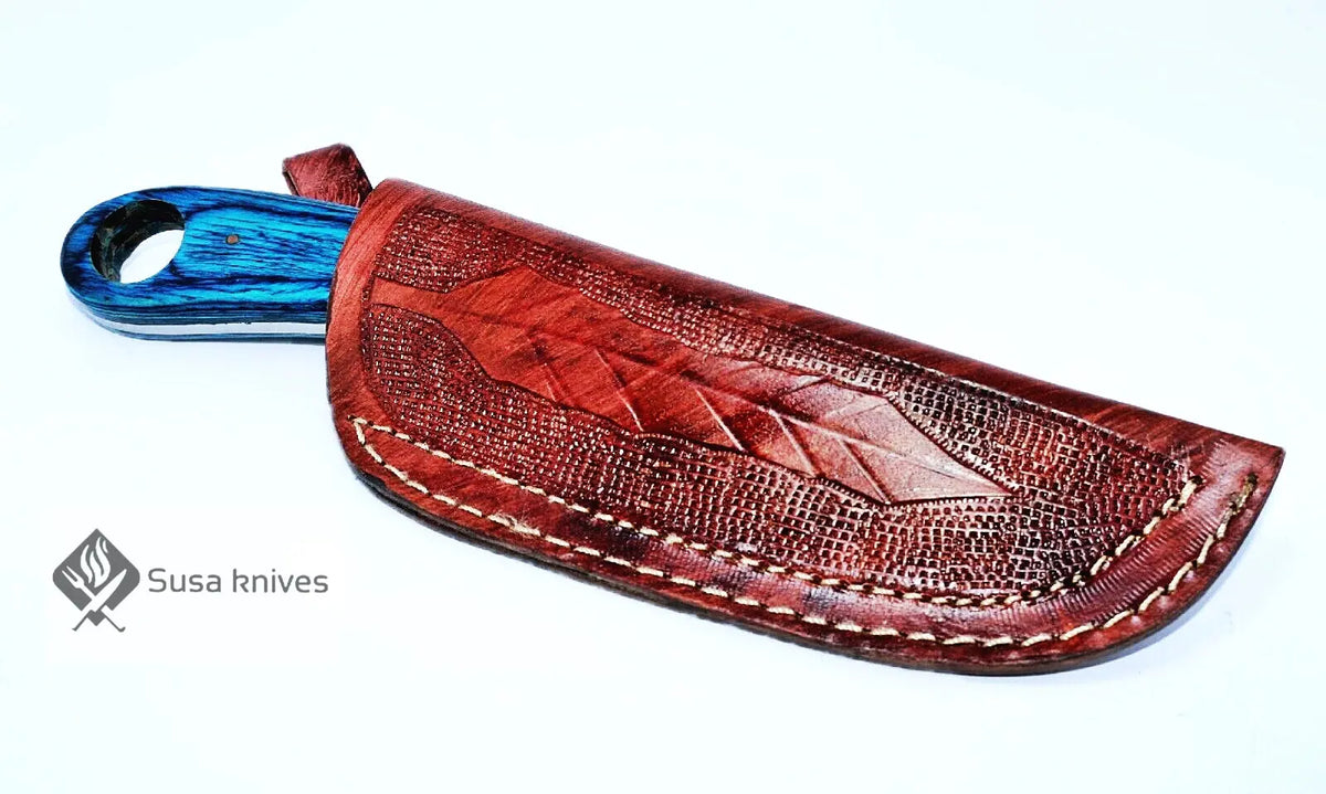 Handgefertigtes Damast-Stiermesser Mit Knochengriff – Cowboy-Messer Inkl. Lederscheide