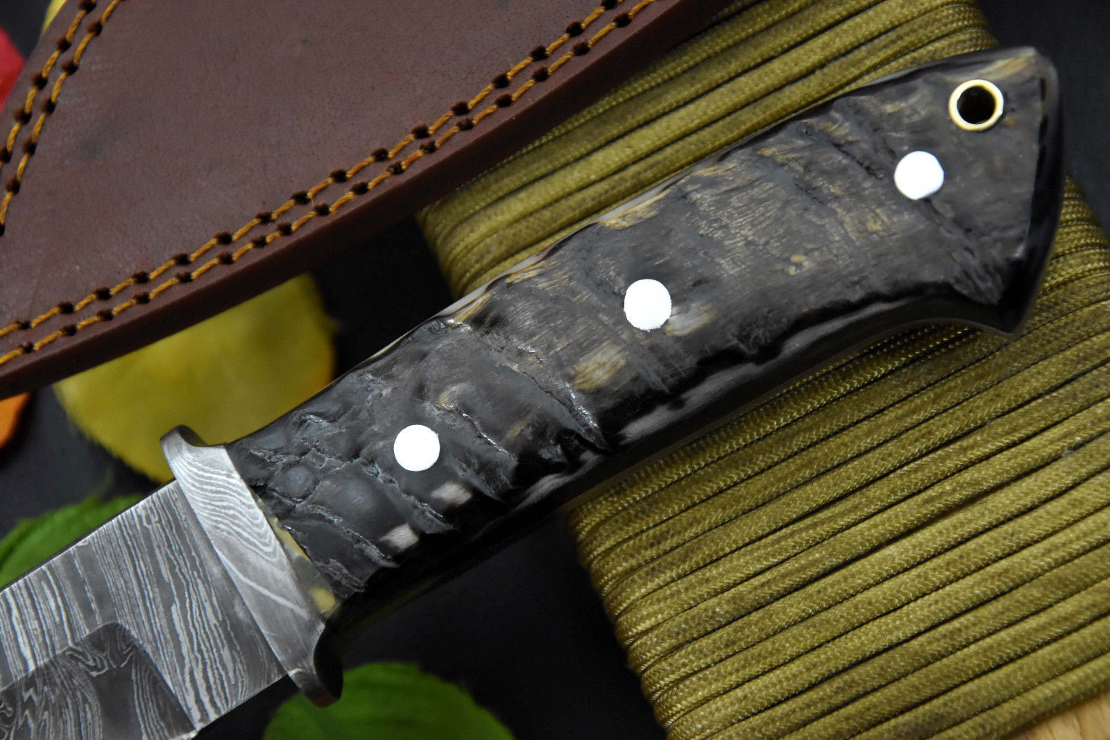 CUSTOM HANDMADE DAMASCUS STEEL RAM HORN LOVELESS STYLE CHUTE KNIFE WITH SHEATH - SUSA KNIVES