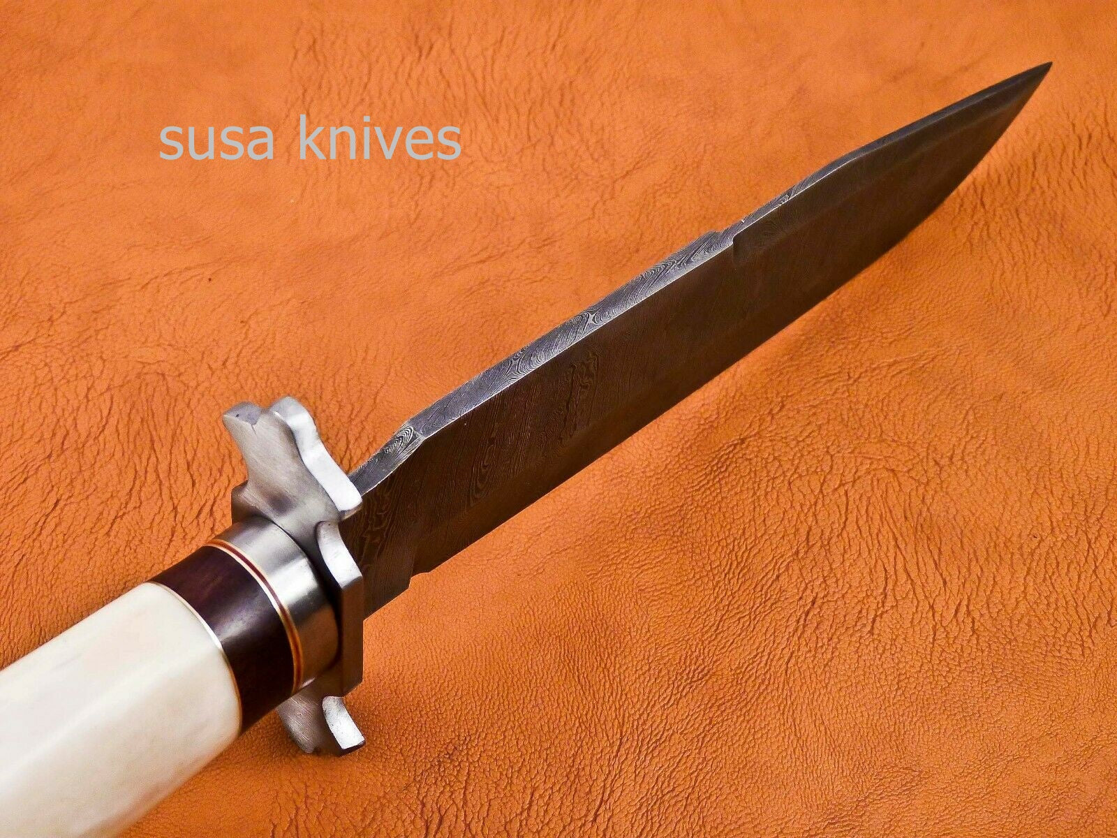 Handmade Damascus Steel Bowie Knive - Cammel Bone & Rose Wood Handle - SUSA KNIVES