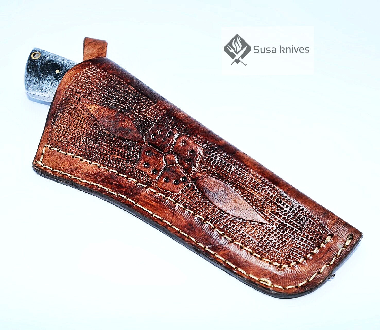 HAND FORGED DAMASCUS STEEL BULL CUTTER/COWBOY KNIFE & RISEN HANDLE - SUSA KNIVES