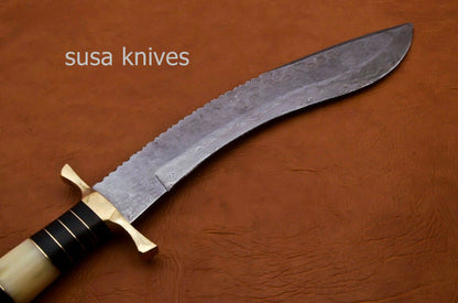 Handmade Damascus Steel Bowie Knive - Camel Bone & Micarta Handle - SUSA KNIVES