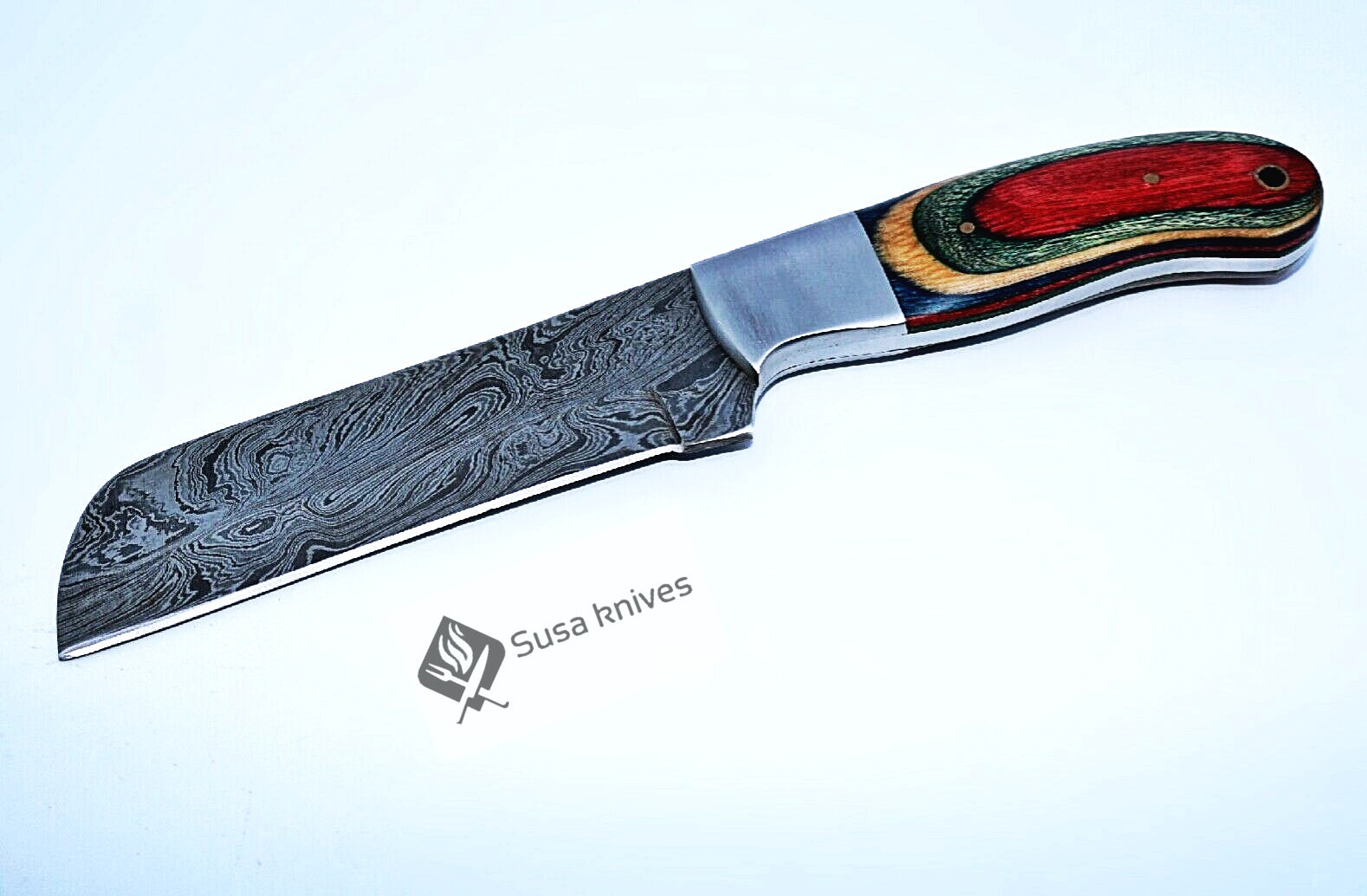 HAND FORGED DAMASCUS STEEL BULL CUTTER/COWBOY KNIFE & PUKKA WOOD HANDLE - SUSA KNIVES