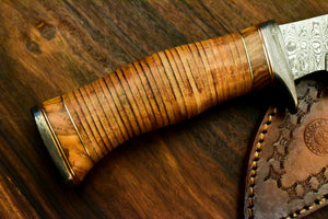 Custom Handmade Damascus Steel Bowie Knife | Sheath | Leather Roll Handle - SUSA KNIVES
