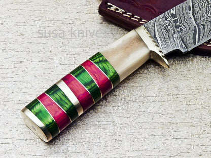 HANDMADE DAMASCUS 8.0" HUNTING KNIFE WITH CAMEL BONE HANDLE - SUSA KNIVES
