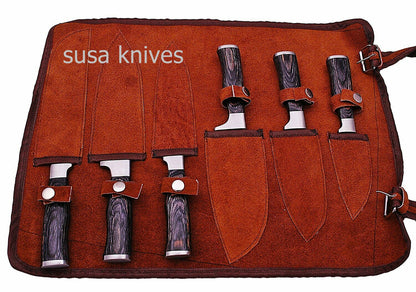 CUSTOM MADE DAMASCUS BLADE 6Pcs. CHEF/KITCHEN KNIVES SET - SUSA KNIVES