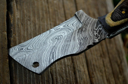 CUSTOM MADE MINI POCKET CLEAVER HUNTING KNIFE FORGED DAMASCUS STEEL WITH SHEATH - SUSA KNIVES