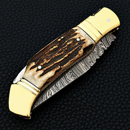 Hand Made Damascus Steel Folding/Pocket Knife Stag Horn Handle Back Lock - SUSA KNIVES
