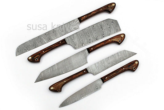 Custom Handmade Damascus Kitchen Knife Chef Knives Set -Brown- 5pcs. - SUSA KNIVES