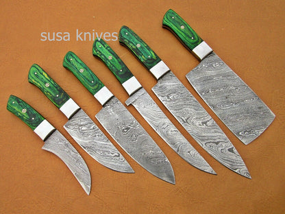 CUSTOM HANDMADE DAMASCUS STEEL CHEF SET/KITCHEN KNIVES 6 PCS ,GREEN MICARTA - SUSA KNIVES