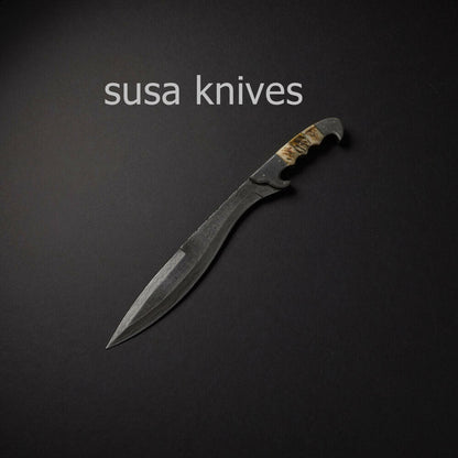 CUSTOM HANDMADE DAMASCUS BOWIE KNIFE WITH LEATHER SHEATH - SUSA KNIVES