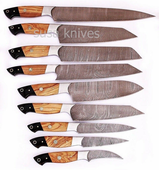 HANDMADE DAMASCUS STEEL CHEF KNIFE KITCHEN SET KNIVES 9 PCS - SUSA KNIVES