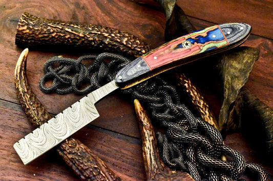 Custom Handmade Damascus Steel Blade Barber Folding Razor | Hard Wood - SUSA KNIVES
