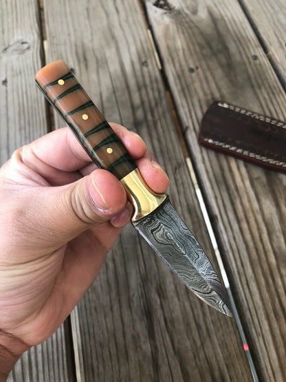 HAND FORGED DAMASCUS STEEL DAGGER BOOT Throwing Knife Resin Brass Bolster Handle - SUSA KNIVES