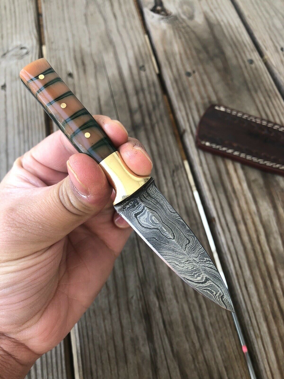 HAND FORGED DAMASCUS STEEL DAGGER BOOT Throwing Knife Resin Brass Bolster Handle - SUSA KNIVES