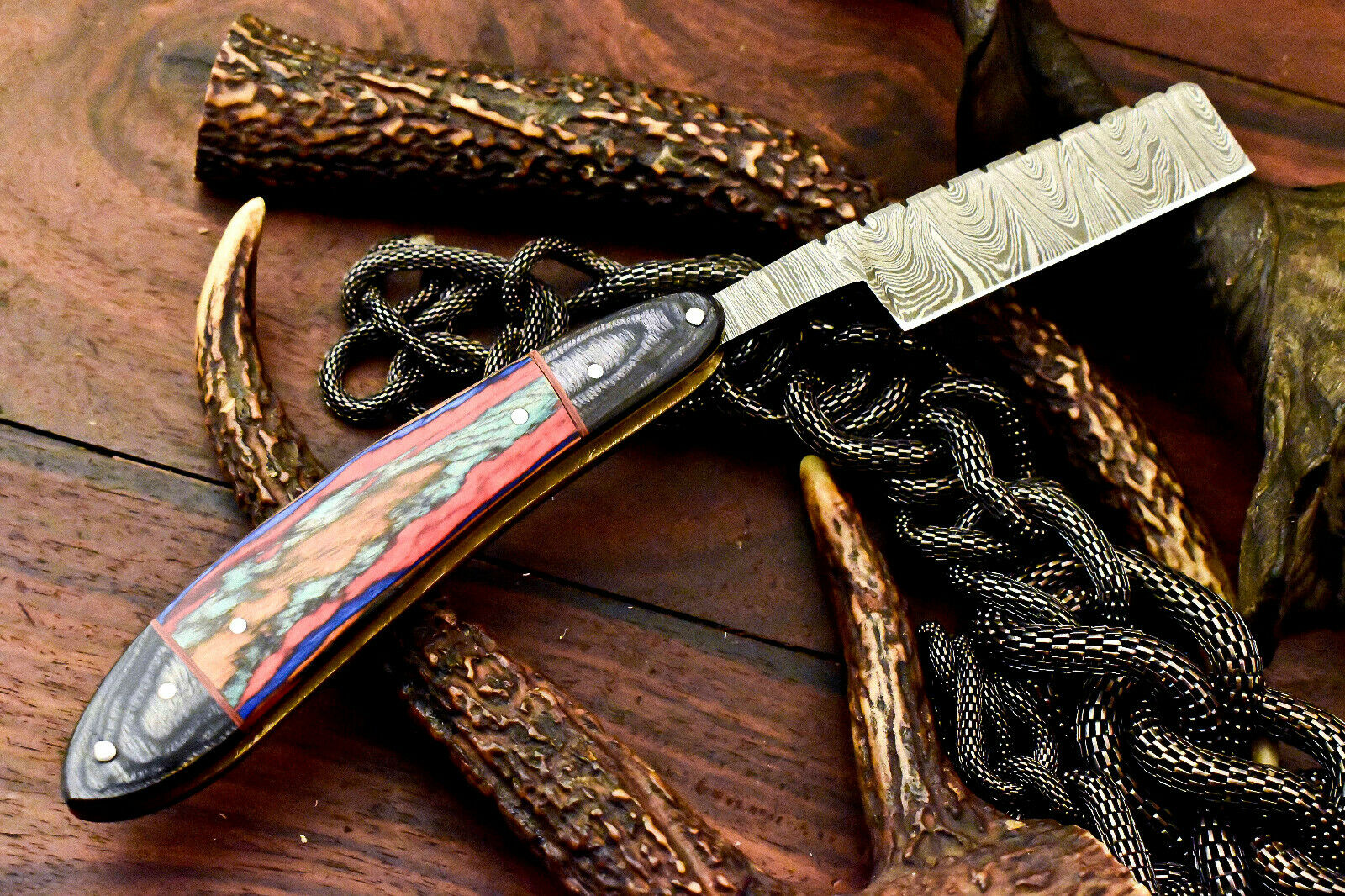 Custom Handmade Damascus Steel Blade Barber Folding Razor | Hard Wood - SUSA KNIVES