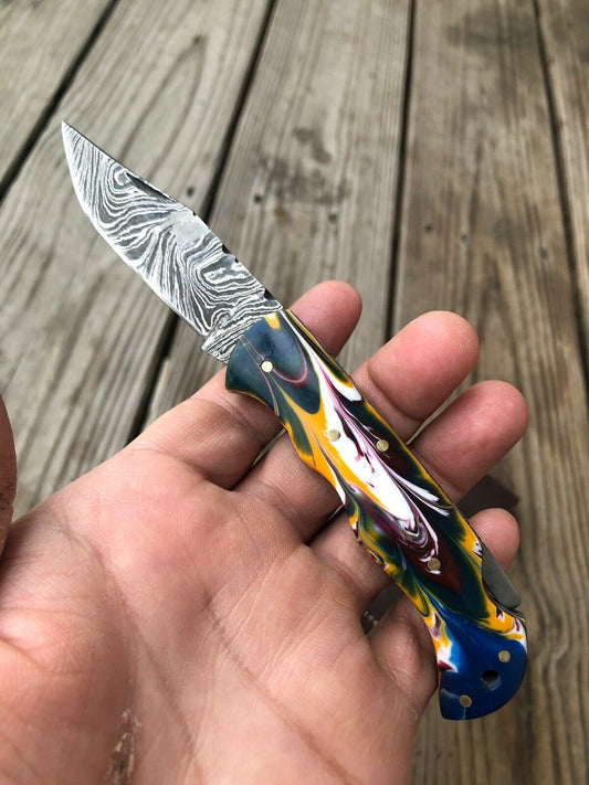 HAND FORGED DAMASCUS STEEL Folding Pocket Knife W/ Backlock - SUSA KNIVES