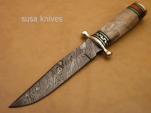Custom Handmade Damascus Steel Hunting Bowie Knife with Colored Bone - SUSA KNIVES