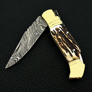 Hand Made Damascus Steel Folding/Pocket Knife Stag Horn Handle Back Lock - SUSA KNIVES