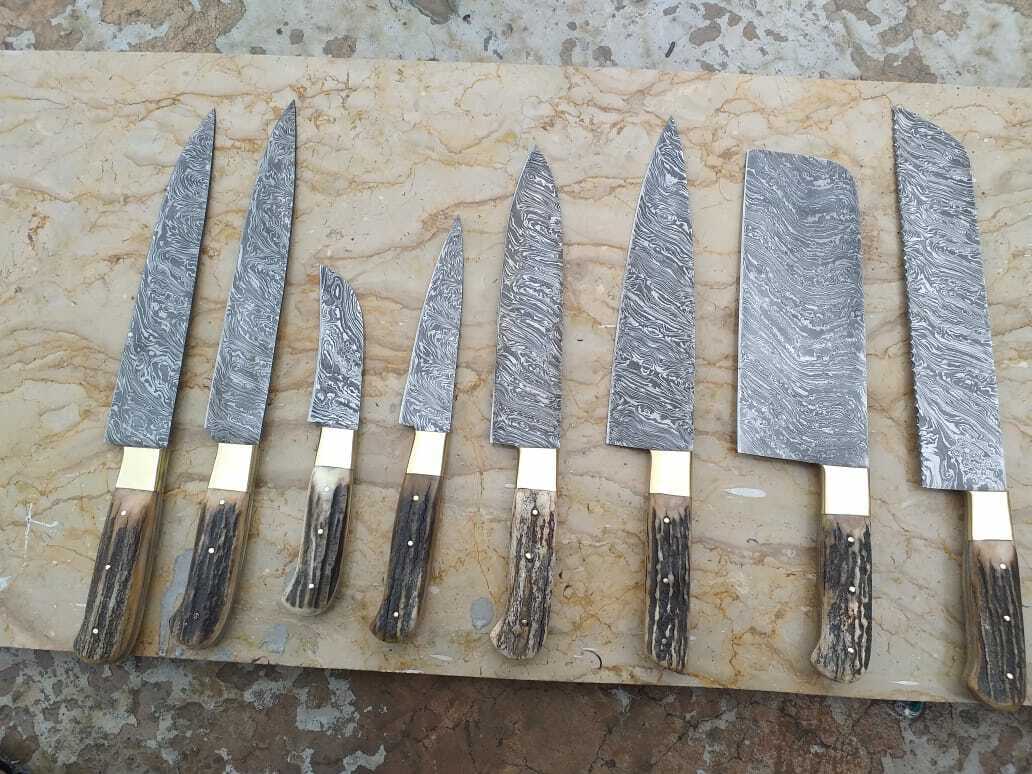 Damascus Steel Antler Horn Grip Chef Kitchen Knives Professional Set of 8 Knives - SUSA KNIVES