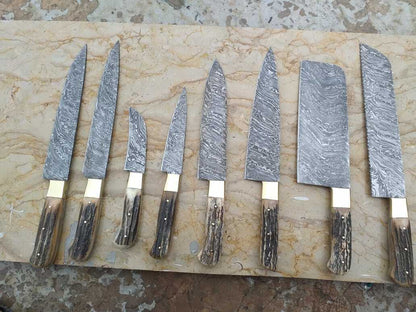 Damascus Steel Antler Horn Grip Chef Kitchen Knives Professional Set of 8 Knives - SUSA KNIVES