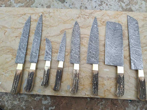 Damascus Steel Antler Horn Grip Chef Kitchen Knives Professional Set of 8 Knives - SUSA KNIVES