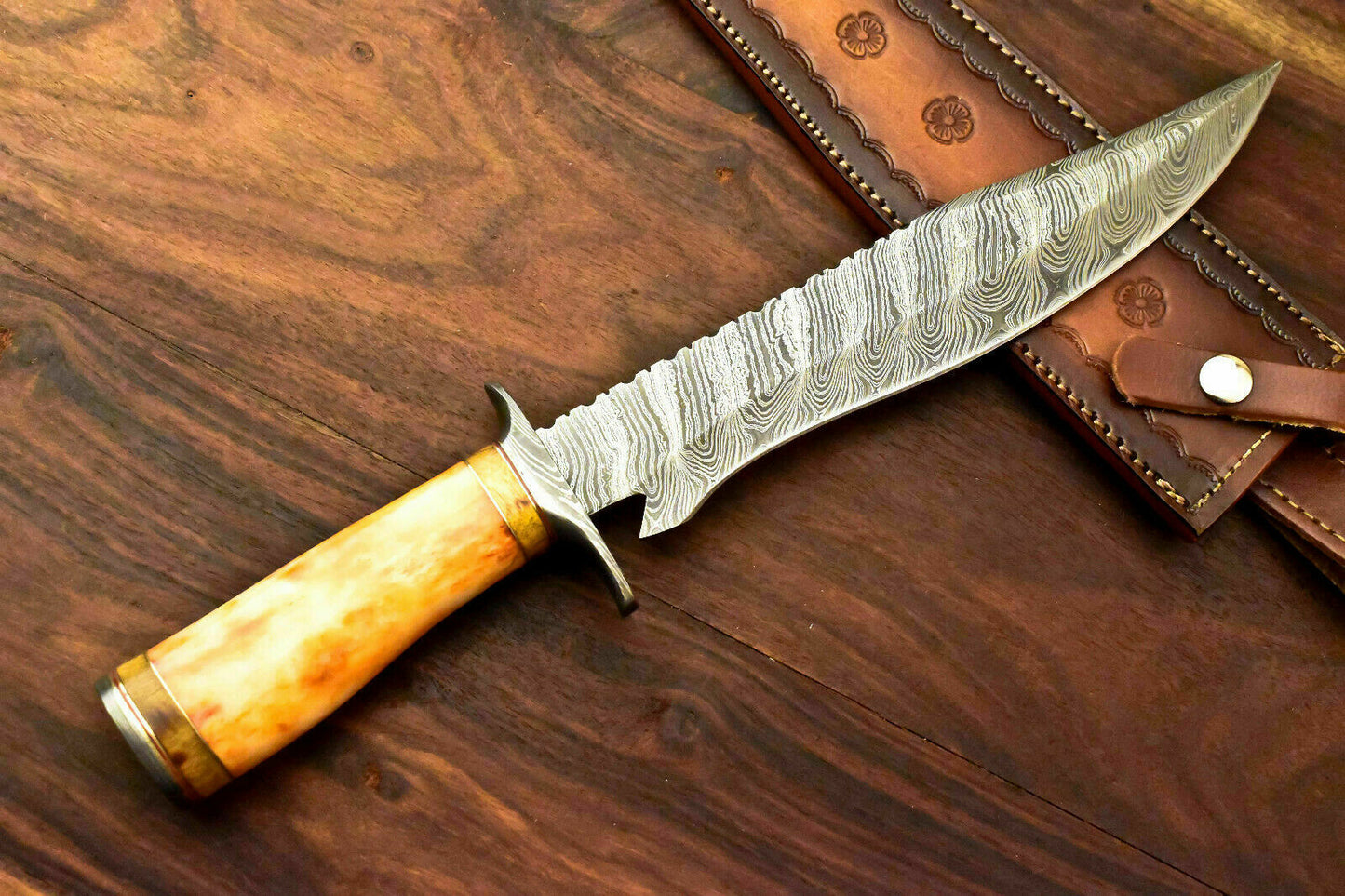 Custom Handmade Damascus Steel Hunting Knife | Sheath |Stained Camel Bone Handle - SUSA KNIVES