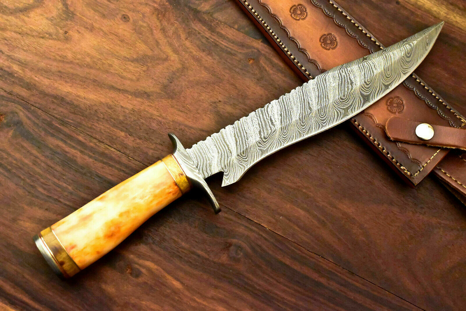 Custom Handmade Damascus Steel Hunting Knife | Sheath |Stained Camel Bone Handle - SUSA KNIVES