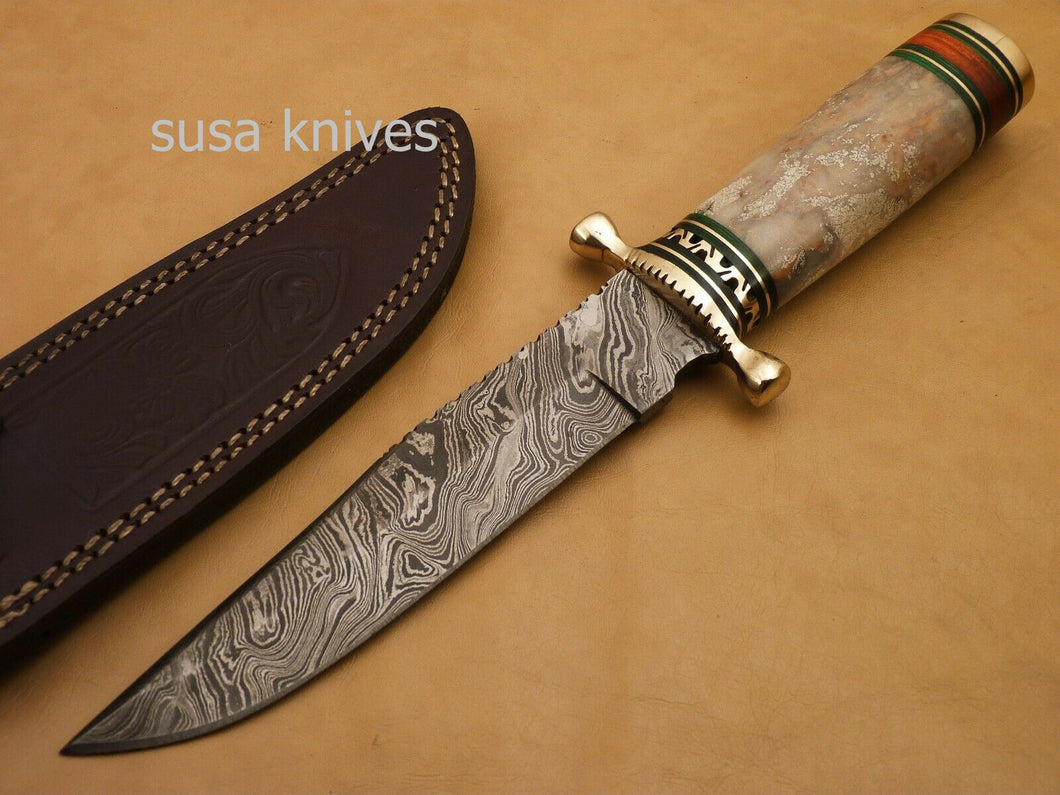Custom Handmade Damascus Steel Hunting Bowie Knife with Colored Bone - SUSA KNIVES
