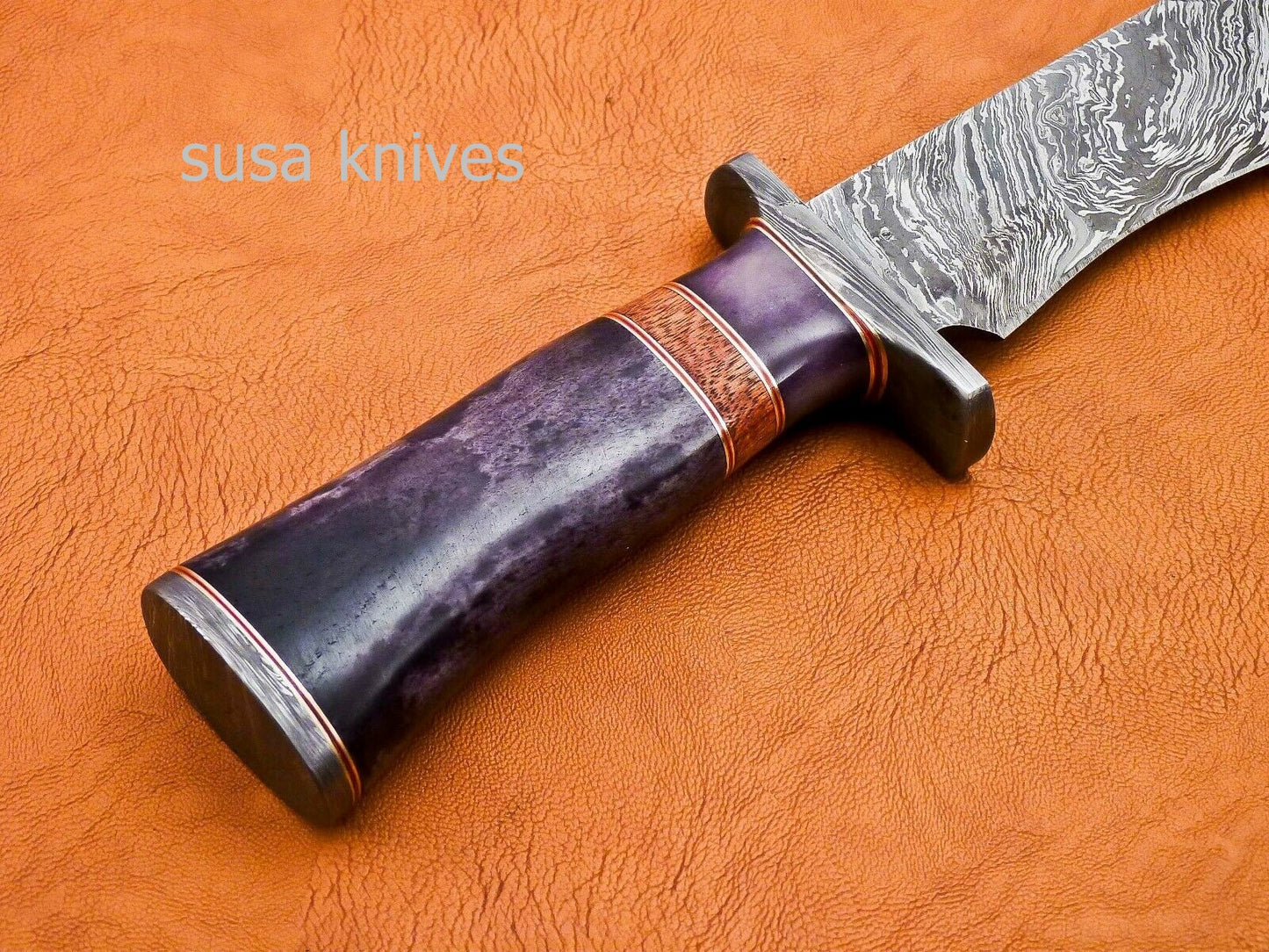 Handmade Damascus Steel Bowie Knive - Cammel Bone & Rose Wood Handle - SUSA KNIVES