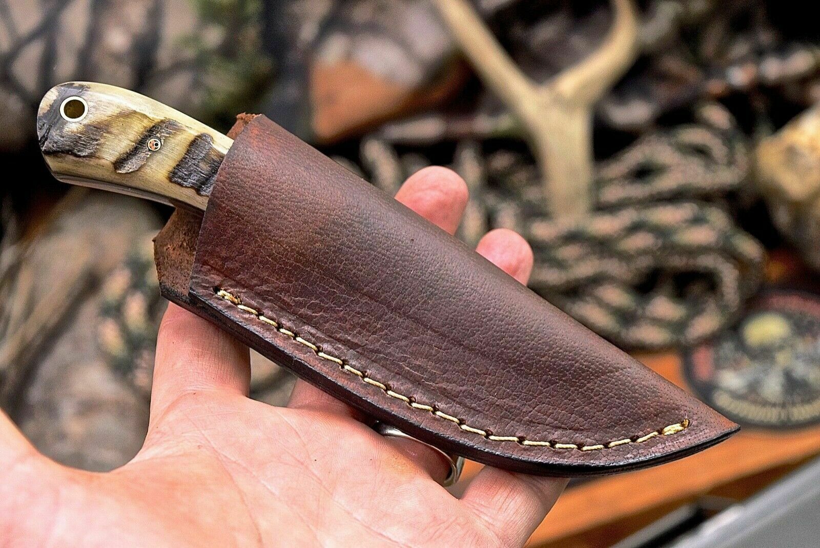 Handmade Raindrop Damascus Custom Sheep Horn Small Skinning Hunting Knife - SUSA KNIVES