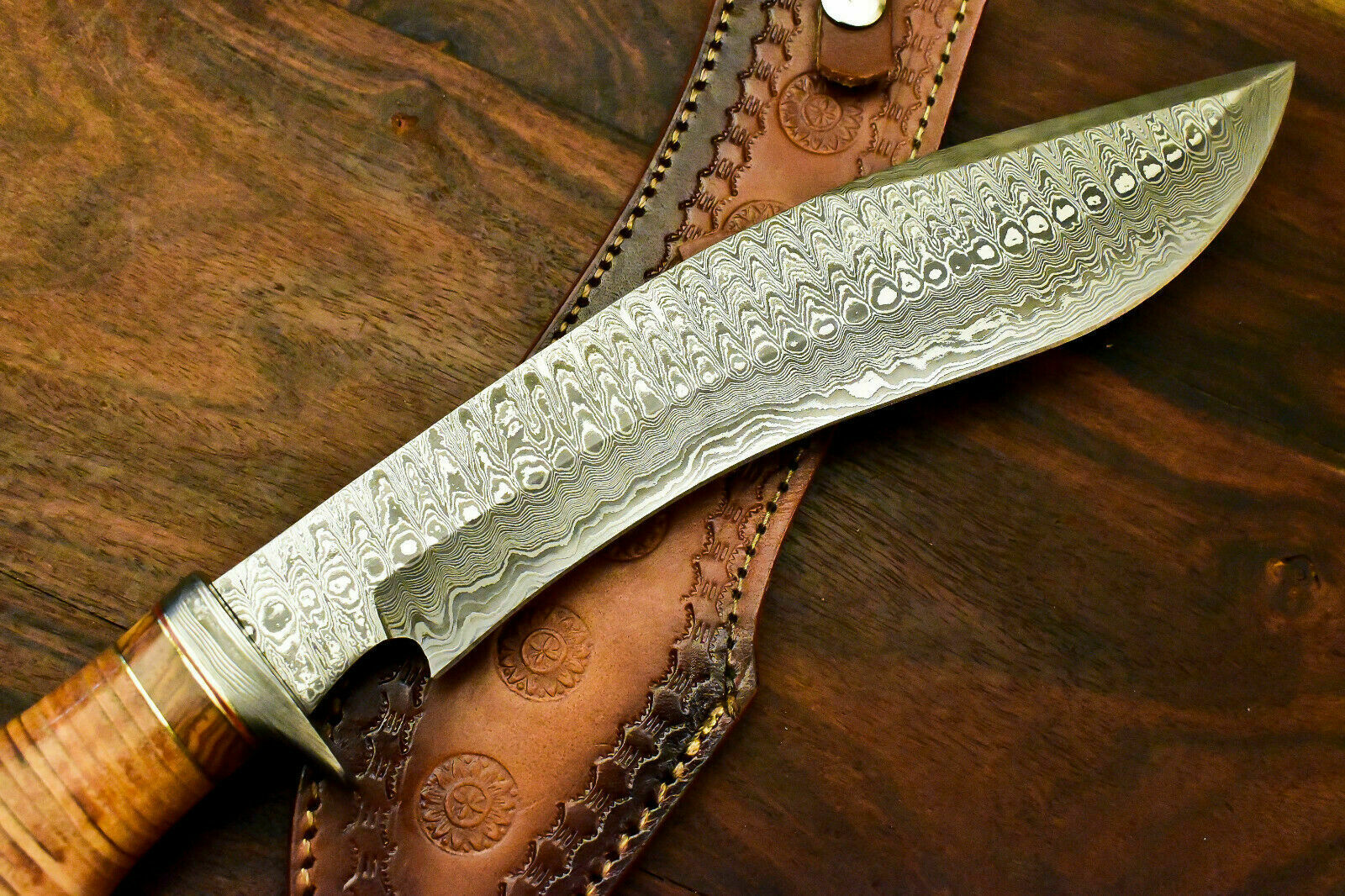Custom Handmade Damascus Steel Bowie Knife | Sheath | Leather Roll Handle - SUSA KNIVES