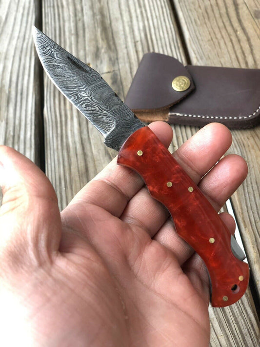 Custom HAND FORGED DAMASCUS STEEL Folding Pocket Knife W/ Back Lock - SUSA KNIVES