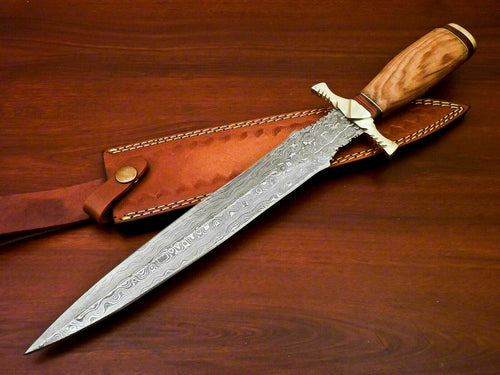 Custom Handmade Damascus Steel Dagger Knife | Sheath | Natural Olive Wood Handle - SUSA KNIVES